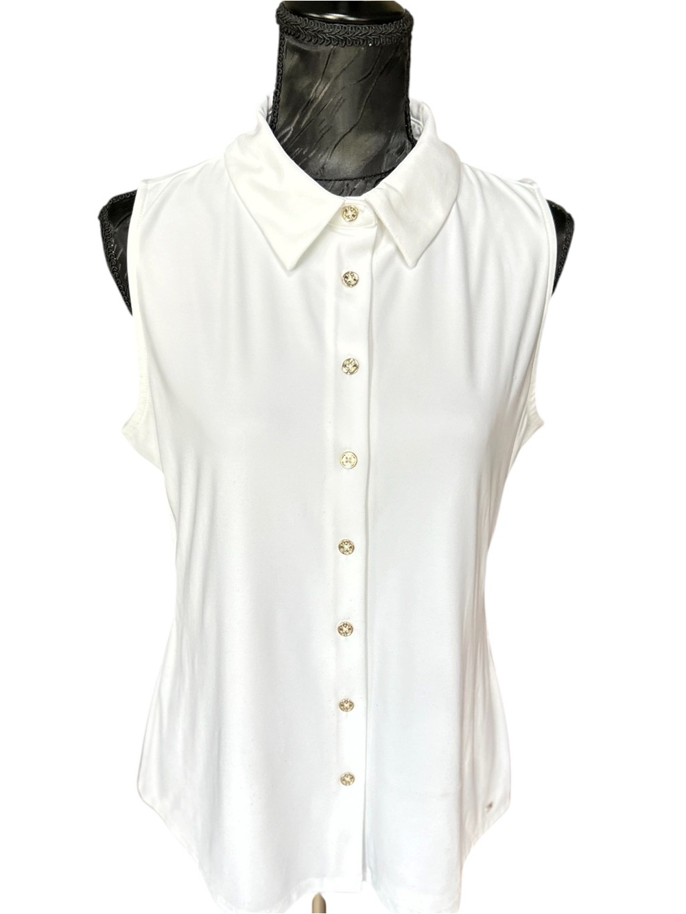 White Sleeveless Collared Button Front Blouse Gold Buttons Womens M